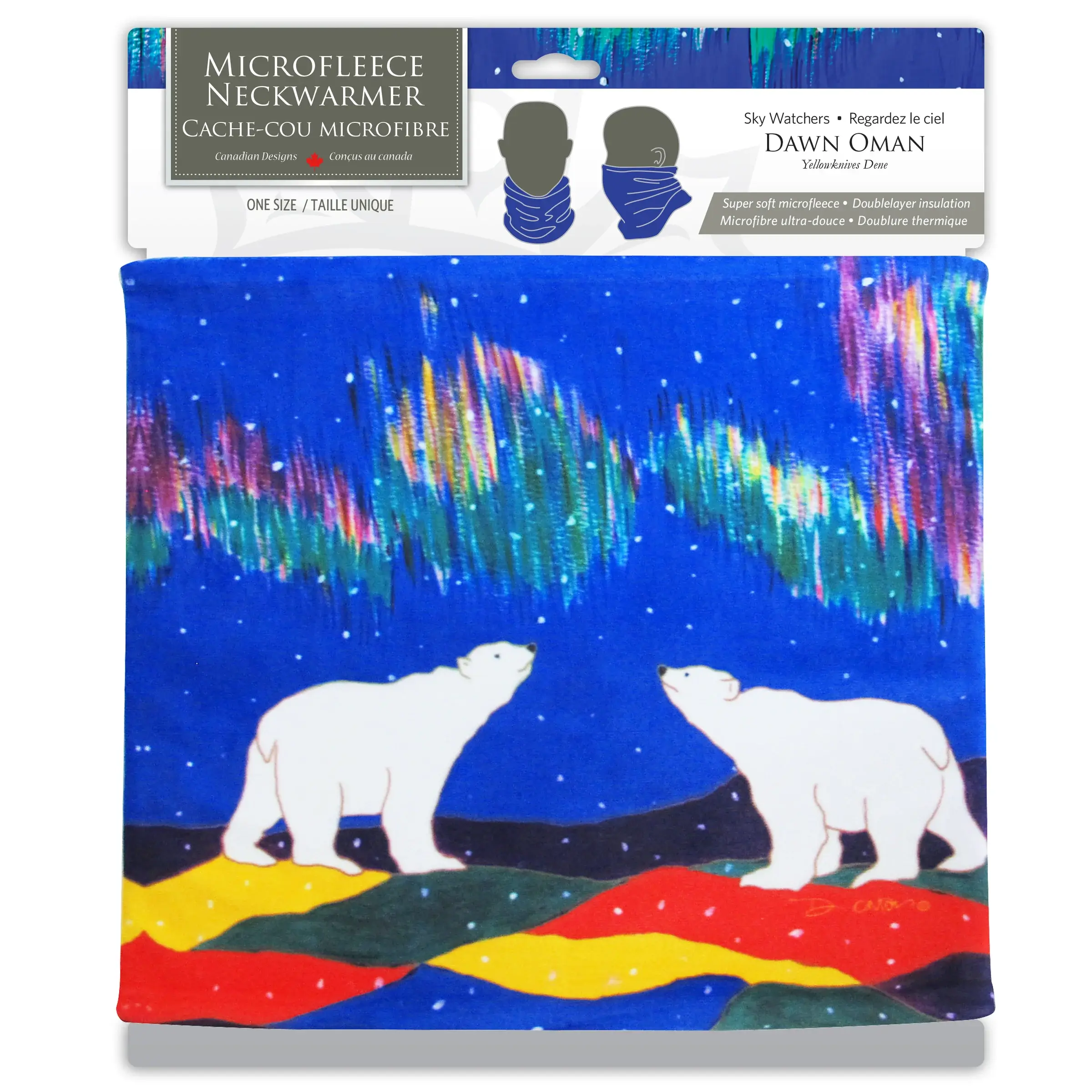 Microfleece neck warmer with print of artist Dawn Oman's painting 'Sky Watchers', packaged