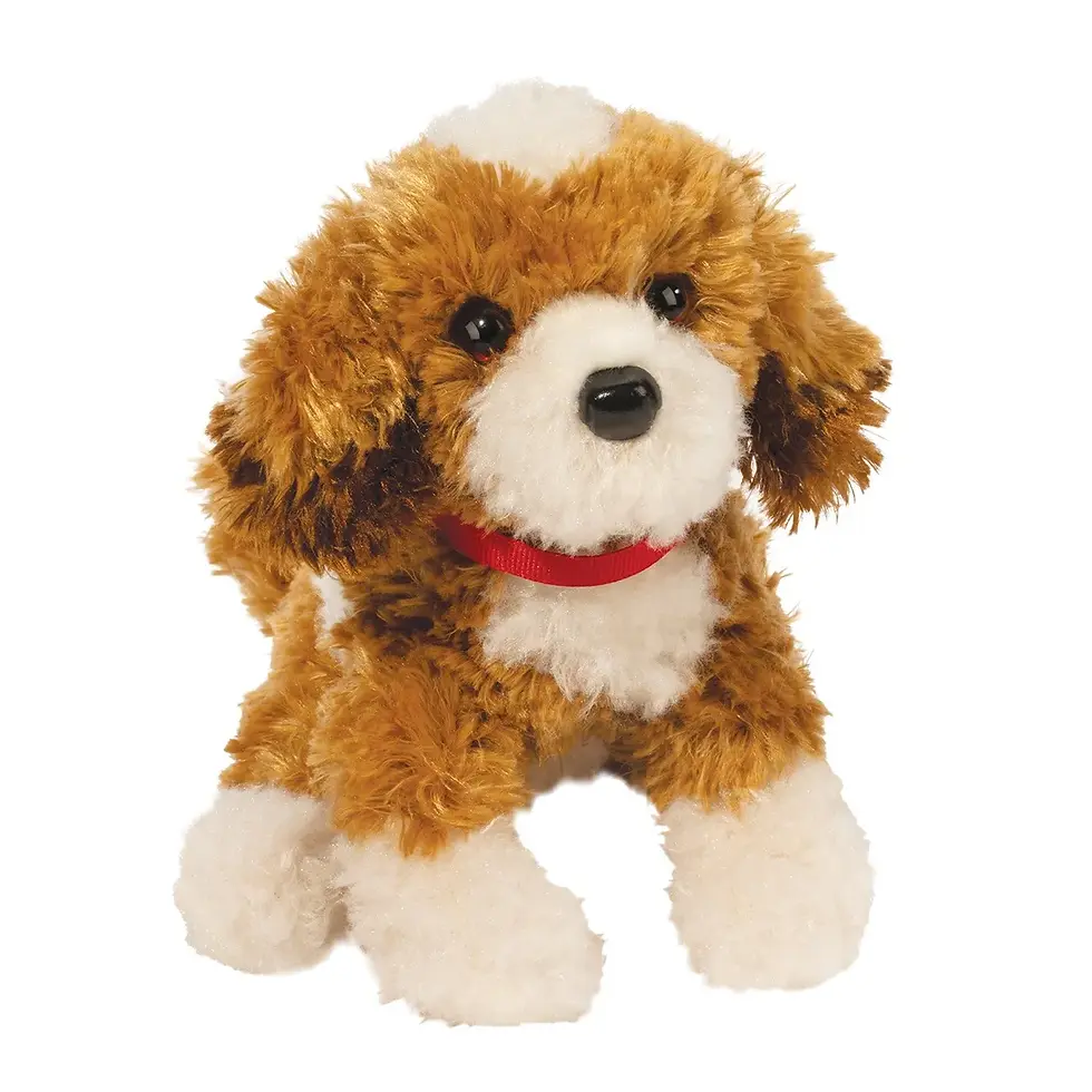 Brown & white curly-haired labradoodle stuffed toy