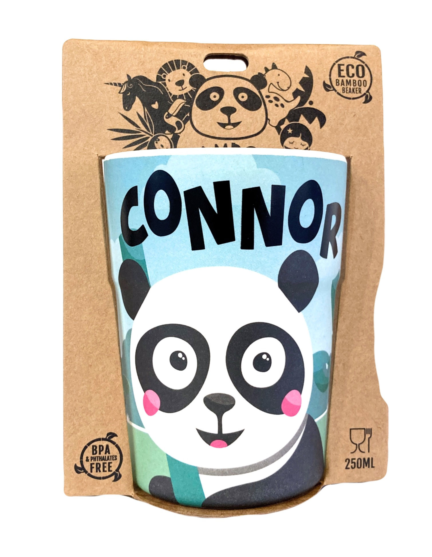 Colorful kids beaker with image of panda face & black text 'Connor' in brown cardboard packaging with panda logo