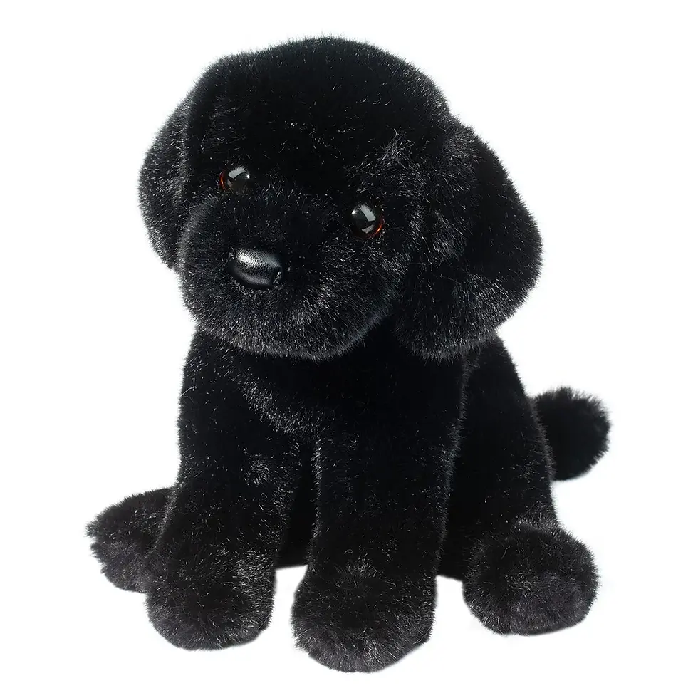 Front view of black lab stuffed toy in seated position