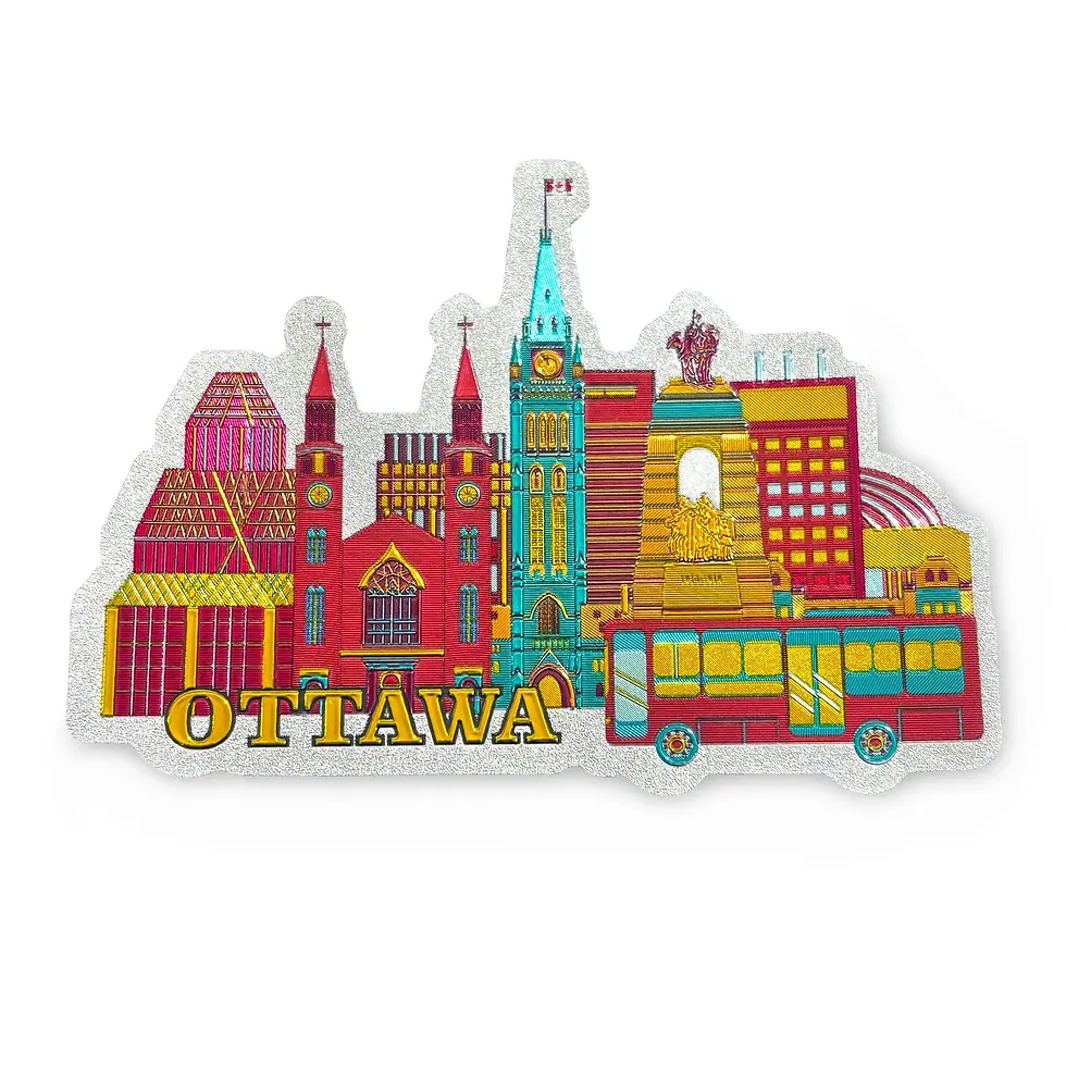 Illustrated skyline featuring Parliament Hill and a local city bus at Tickled Pink Ottawa.