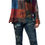 Thumbnail: Model wearing multi-colored cotton patchwork long sleeved shirt with 3 toggle buttons at neck & 1 black pocket