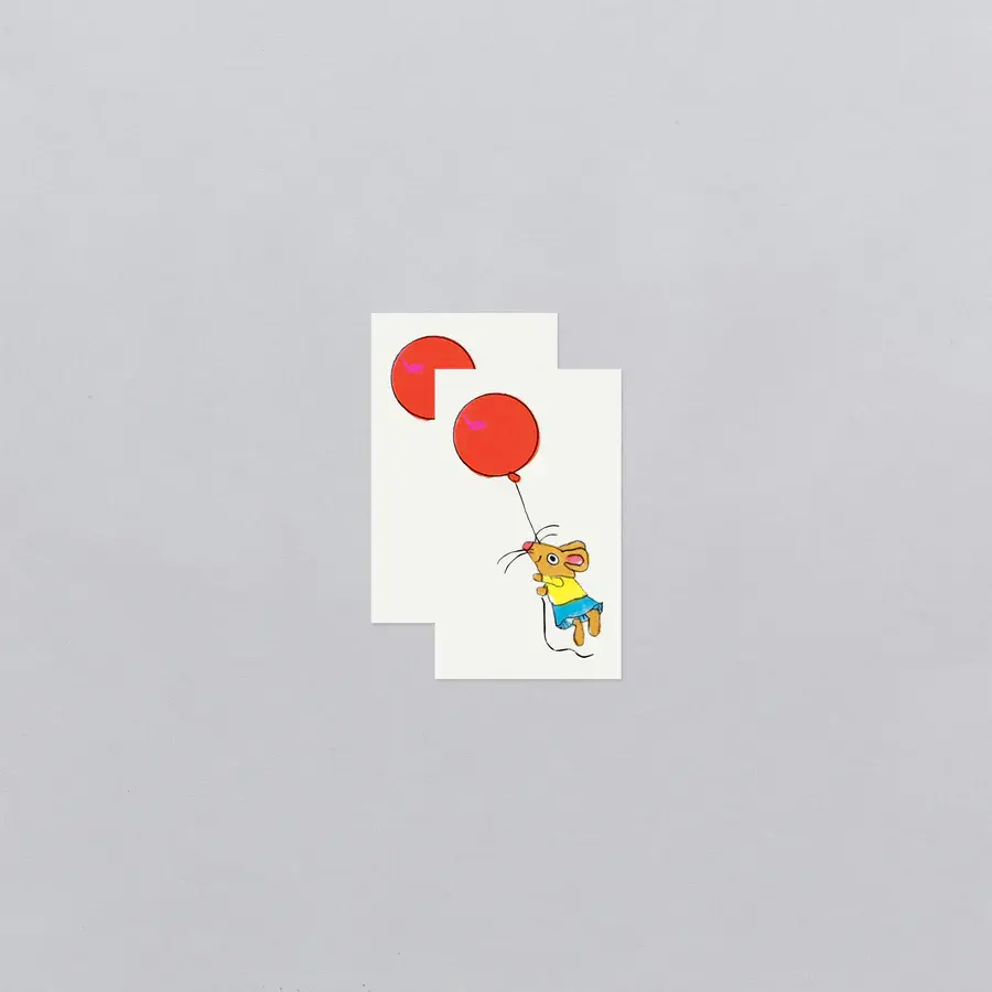 Thumbnail: 2 tattoo stencil sheets of cartoon mouse dangling from red balloon