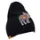 Thumbnail: Side view of plain black toque with print of artist John Rombough's Moose painting on embroidered patch