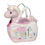 Thumbnail: Left view of small white fabric rainbow print purse with small stuffed toy pink unicorn inside