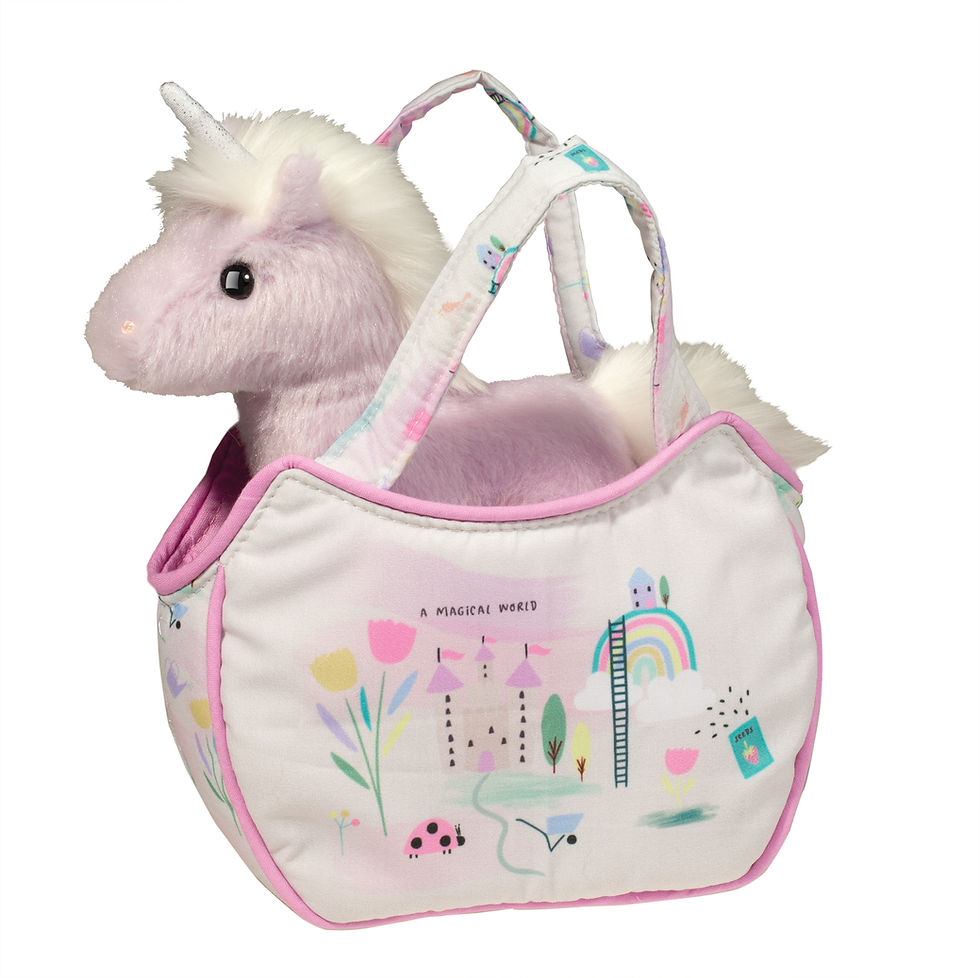 Left view of small white fabric rainbow print purse with small stuffed toy pink unicorn inside