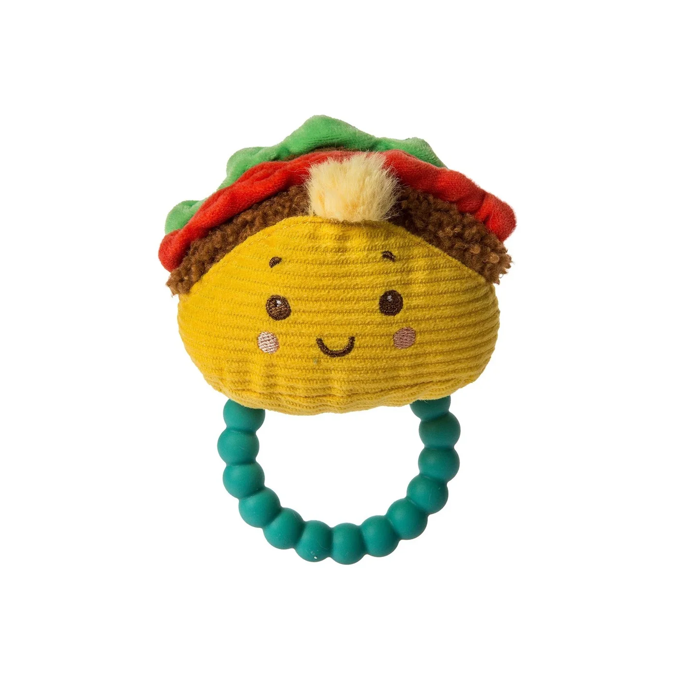 Small plush taco stuffed toy with plastic teething ring on bottom