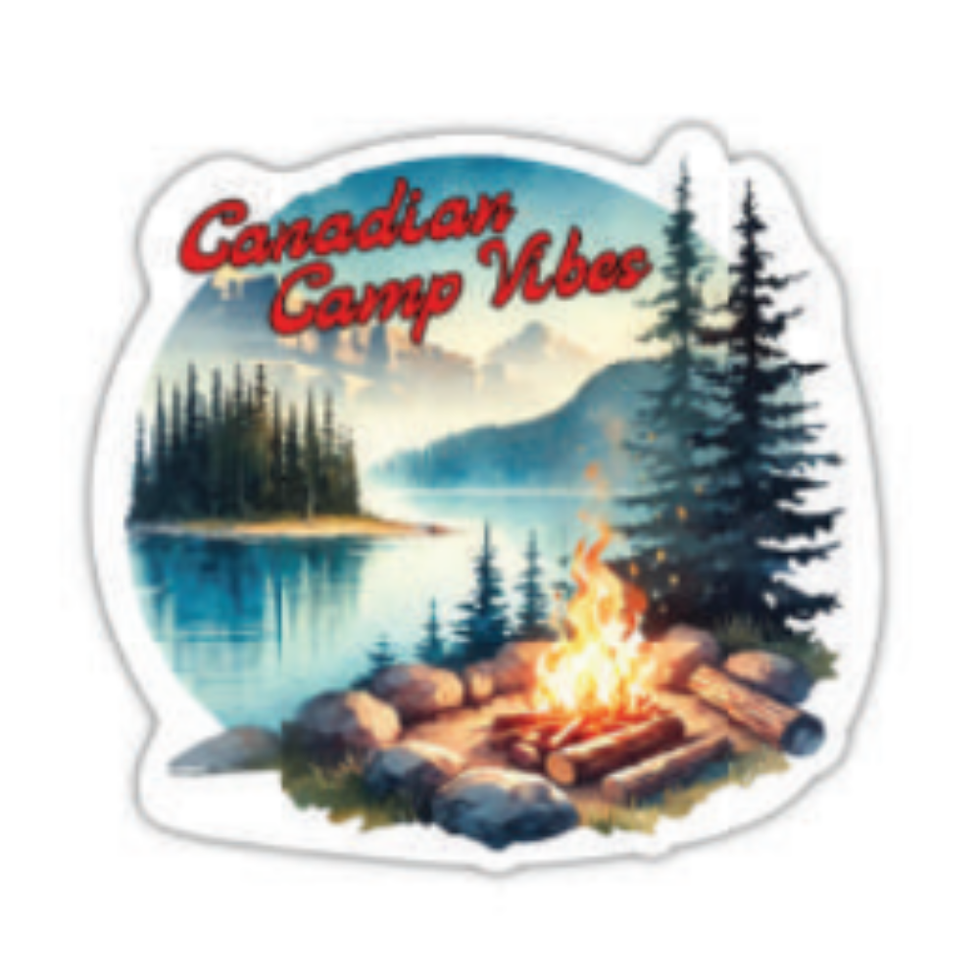 A scenic parchment sticker showing a lakeside campfire and mountains with text reading Canadian Camp Vibes at Tickled Pink.