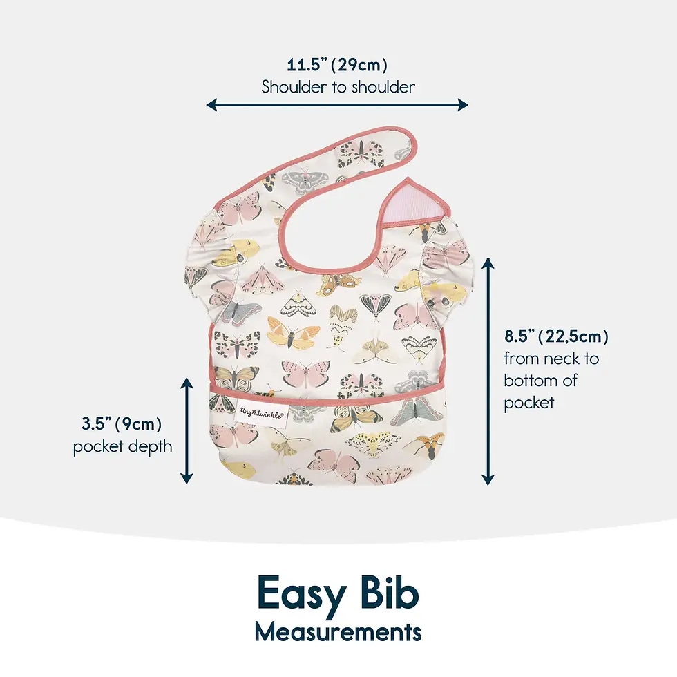 A Tiny Twinkle flutter easy bib graphic showing detailed measurements and pocket depth at Tickled Pink.