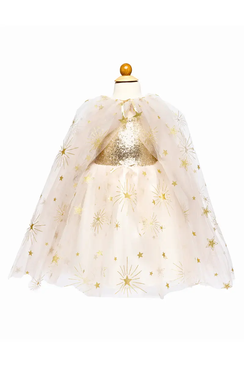 Sleeveless full-skirt party dress with gold sequinned bodice & gold & white organza & tulle skirt with matching cape