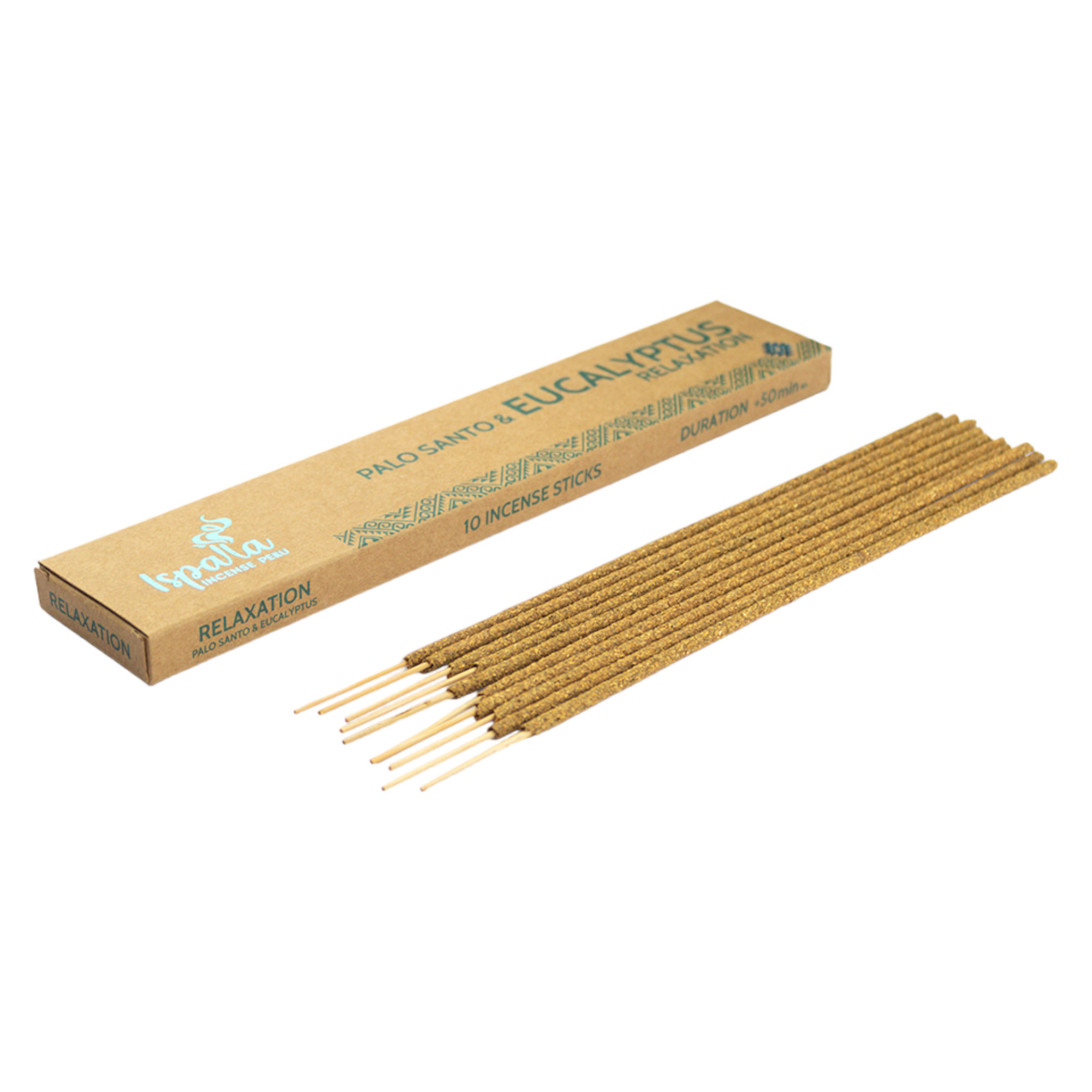Open box displaying 10 Organic Palo Santo and Eucalyptus Relaxation Incense Sticks by Ispalla at Quichua World Market.