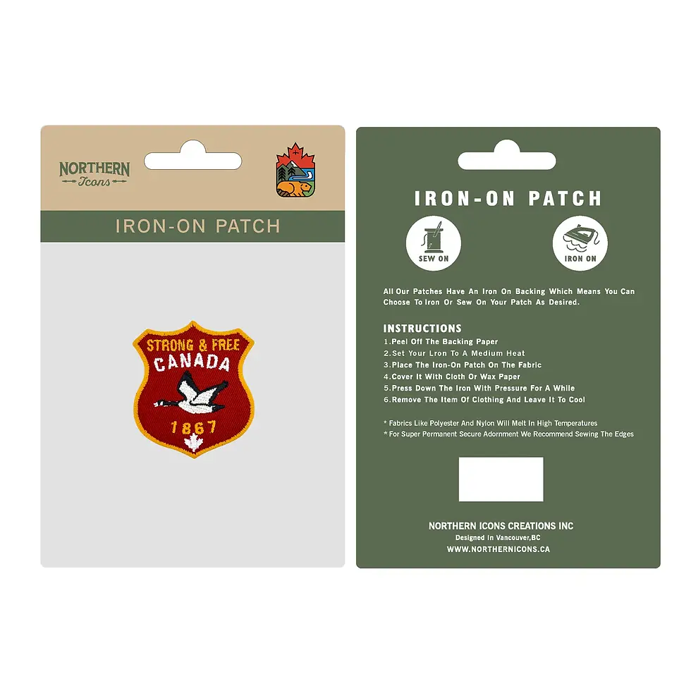 Back & front of package holding Red & white Canada Goose embroidered patch & instructions how to apply it