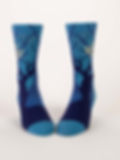 Front view of 2-tone blue socks with dead trees silhouette, text on side, 'I Like Spooky Shit'