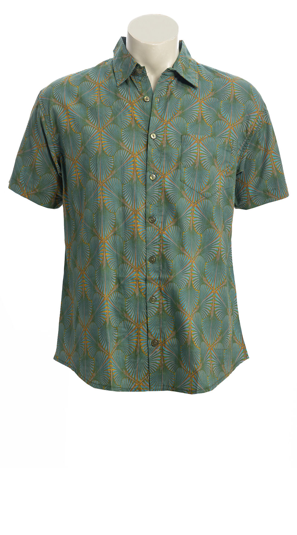 Teal print on green short sleeved collared shirt with button front