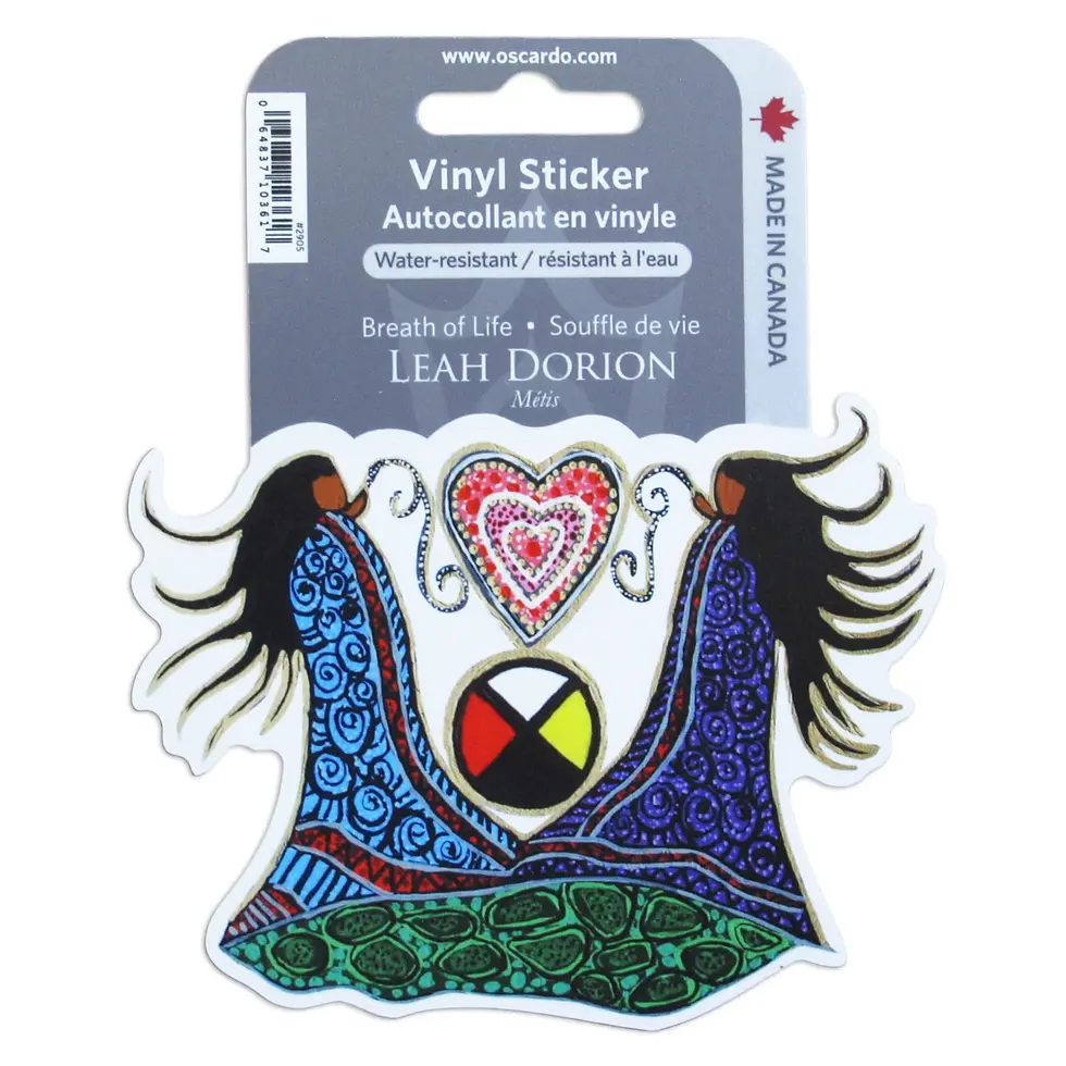 Gray & white paper hanger for vinyl sticker with reproduction of artist Leah Dorion's 'Breath of Life'