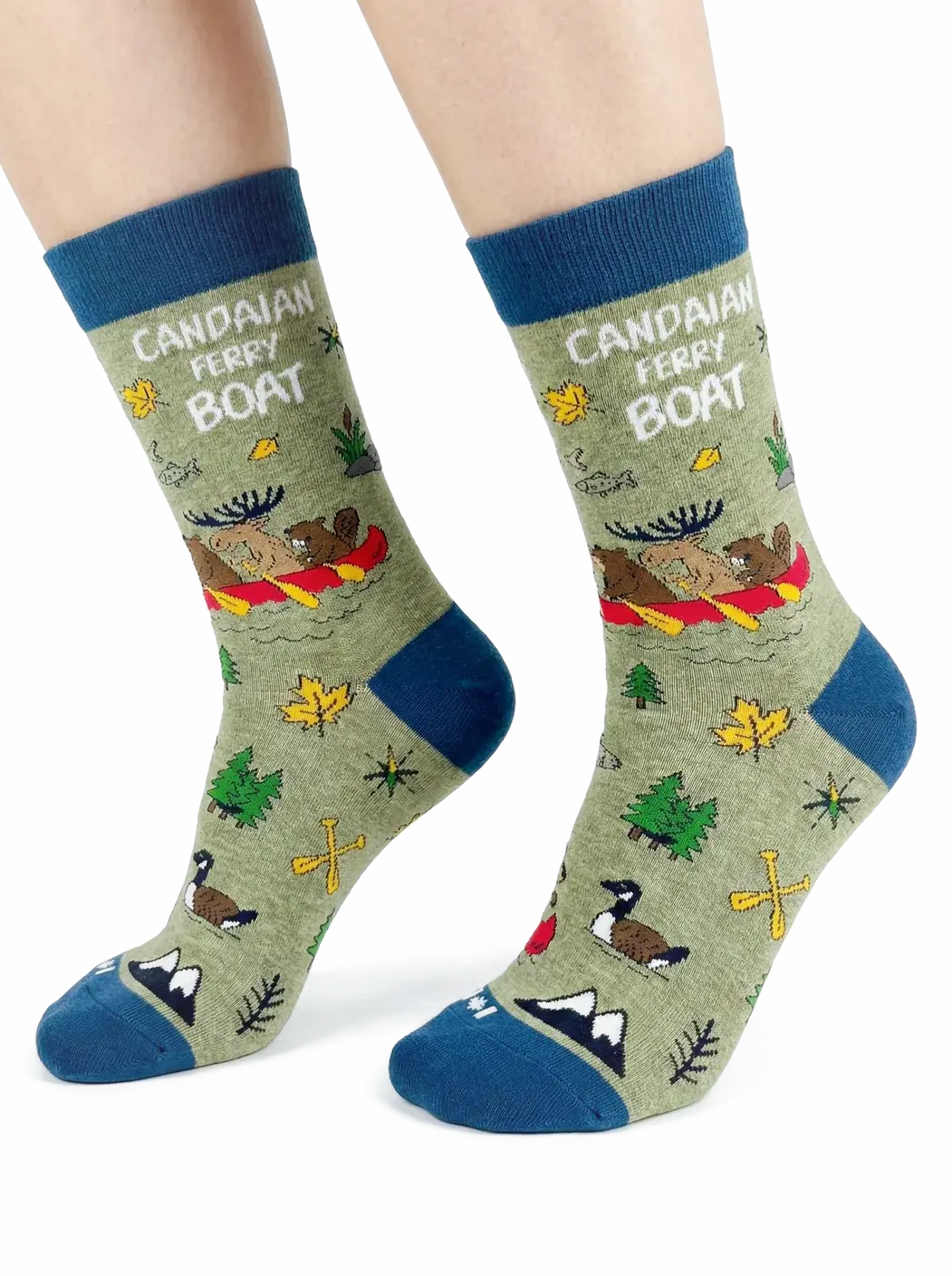 Side view of green & blue misprinted socks 'Candaian' Ferry Boat at Tickled Pink Ottawa