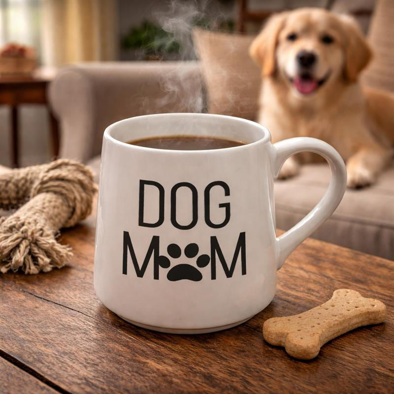 Dog Mom fat bottom mug on a coffee table near a Golden Retriever at Tickled Pink Ottawa.