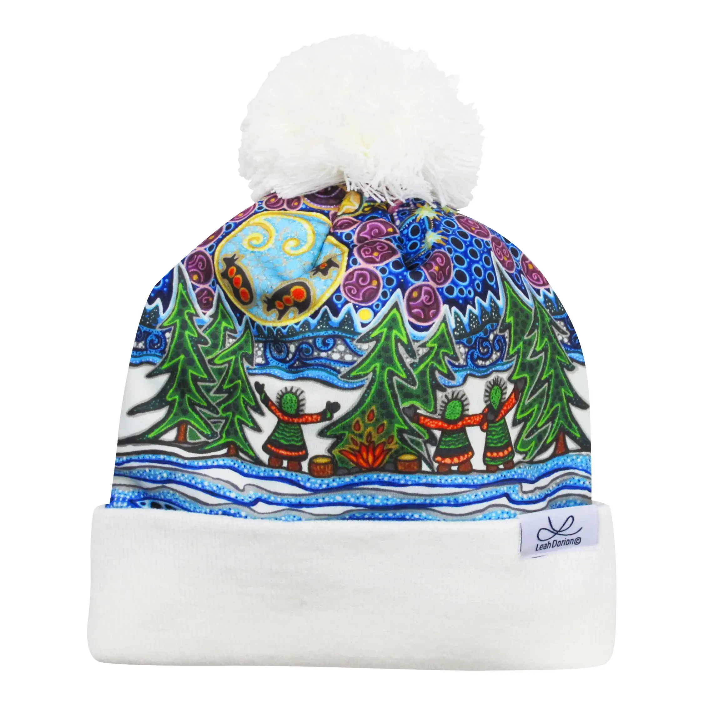 Cuffed white pompom toque with print of artist Leah Dorion's Guidance Moon painting