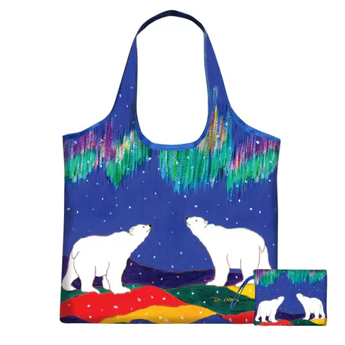 Wide handled reusable shopping bag printed with Dawn Oman's 'Skywatchers' painting