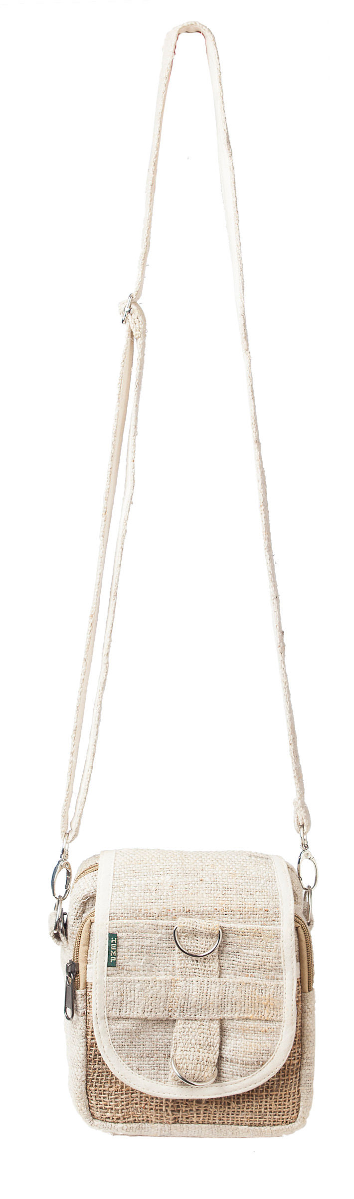 Thumbnail: Full view-Ark Fair Trade hemp mini purse-long adjustable detachable shoulder strap-2 zipper pockets-fold-over flap natural
