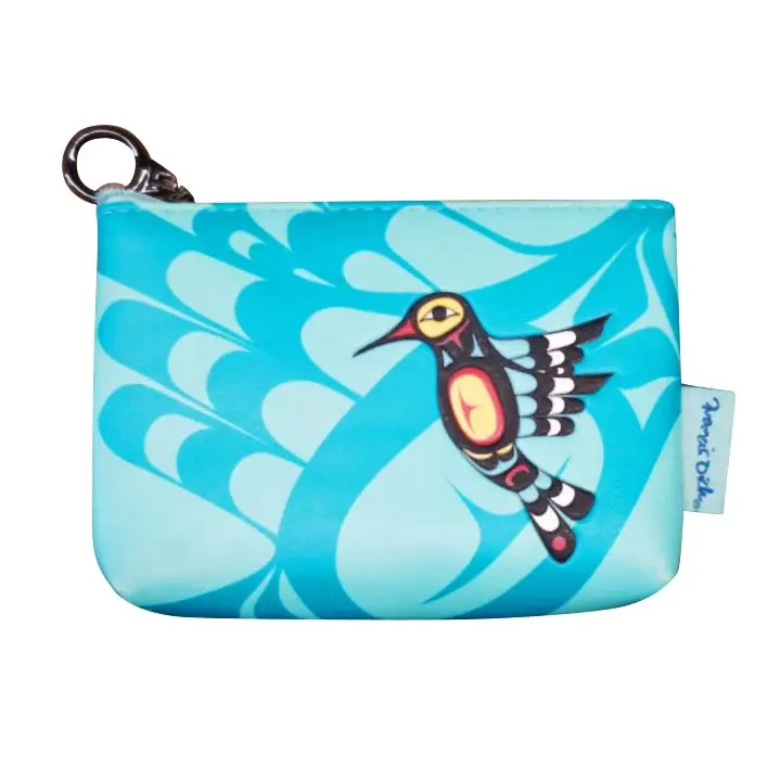 Front of rectangular zippered faux leather coin purse featuring artist Francis Dick's 'Hummingbird'