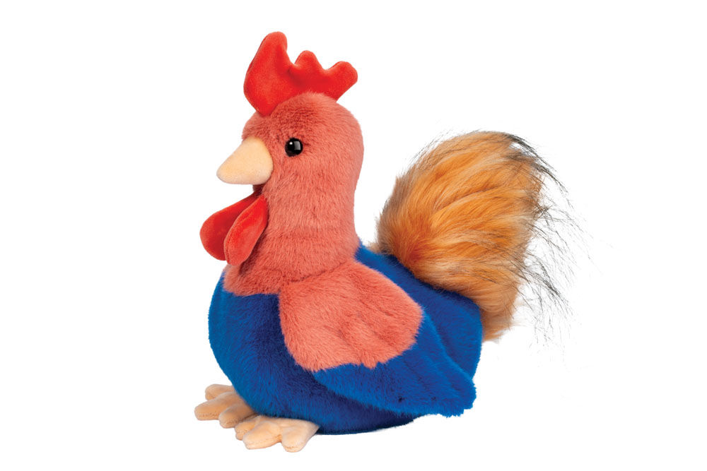 Side view of red, peach & blue stuffed toy rooster with fluffy tail