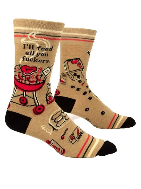 Side view of tan socks with black, red & white BBQ print, text on side, 'I'll Feed all You Fuckers.'