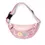 Thumbnail: Top view of quilted pink fanny pack with letters LOVE on front & pastel striped strap