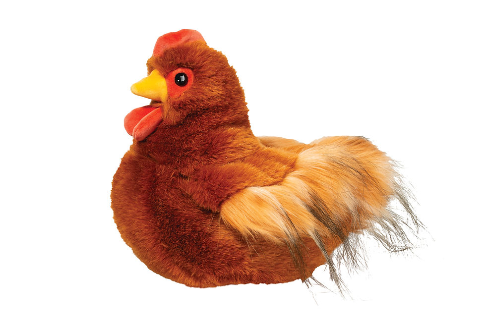 Left view of realistic looking red-brown stuffed toy chicken