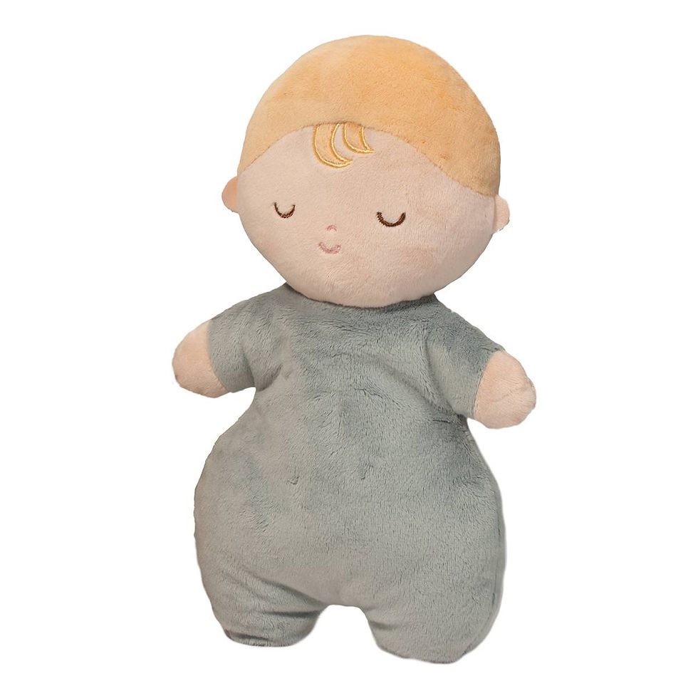 Little soft cloth baby doll with dark gray onesie & blond hair