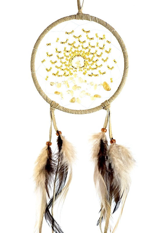 4" tan leather dream catcher - yellow beads & citrine woven into mesh & yellow & brown feathers hanging from bottom