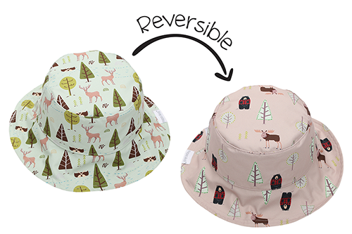 2 Sun Hats-left is light green with brown moose & trees - right is beige with brown moose & bears wearing red checked jackets