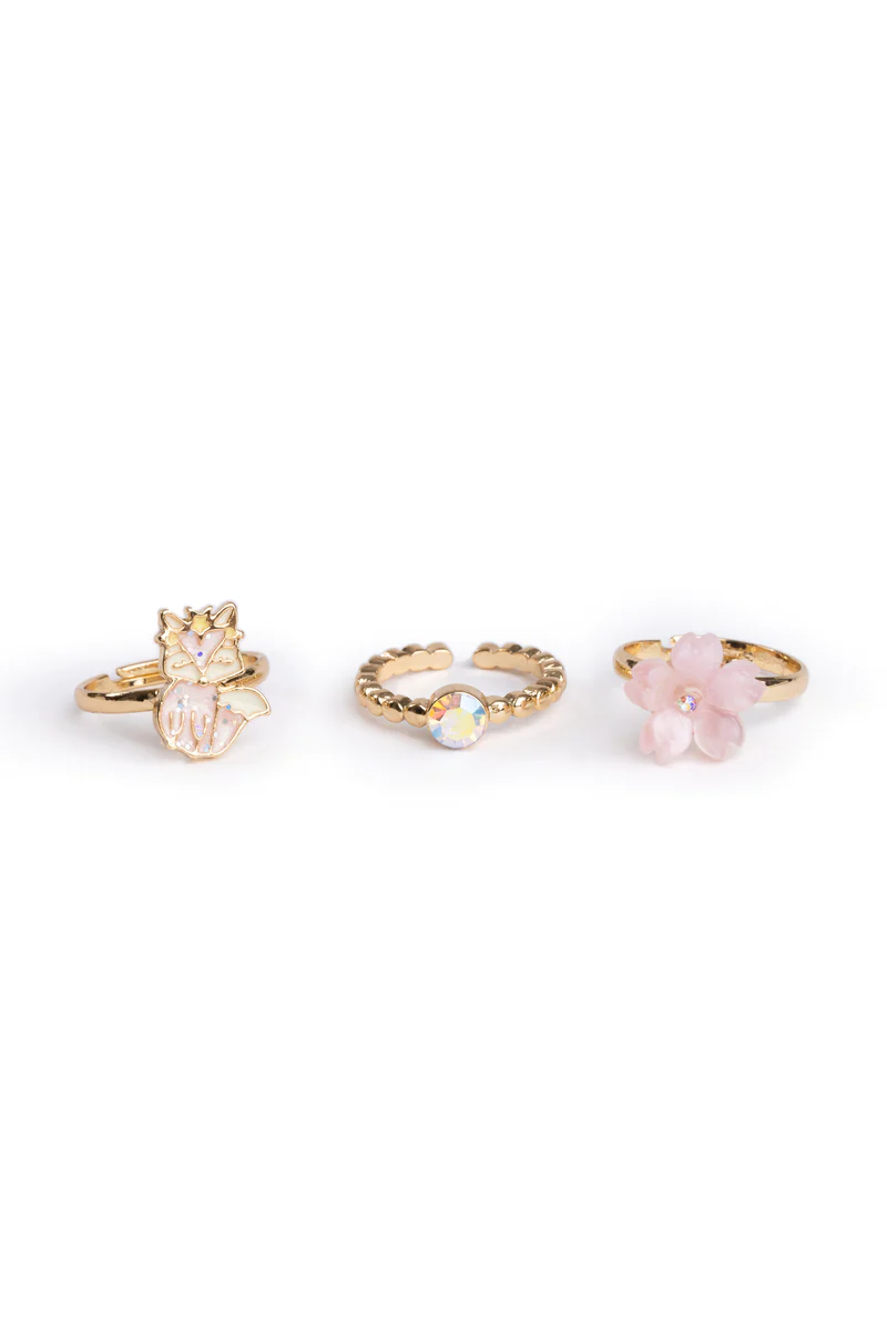 Set of 3 gold-colored child's dress-up rings-pink fox, pink flower & iridescent stone