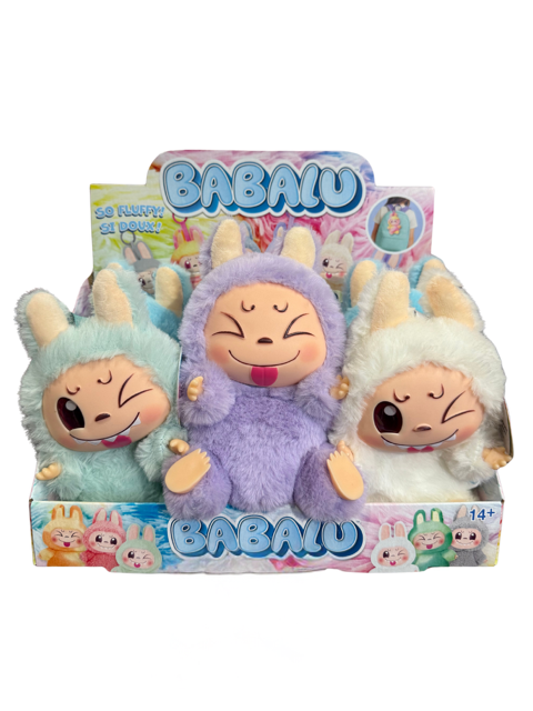 Cardboard display box full of sitting Babalu plush toys