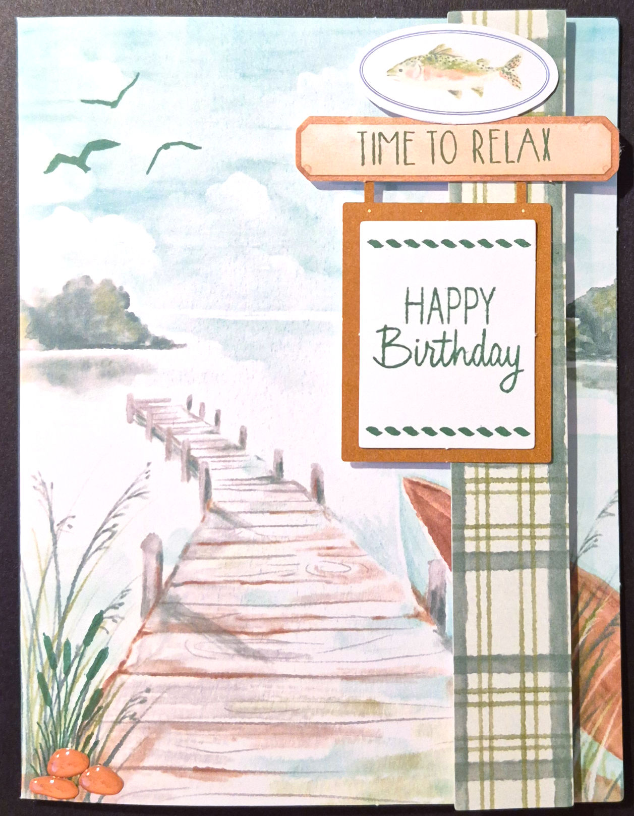Handmade birthday card with a dimensional dock scene and Happy Birthday signs at Tickled Pink.