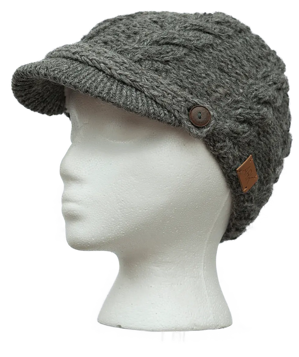 Thumbnail: Gray peaked cable knit cap with button on sides