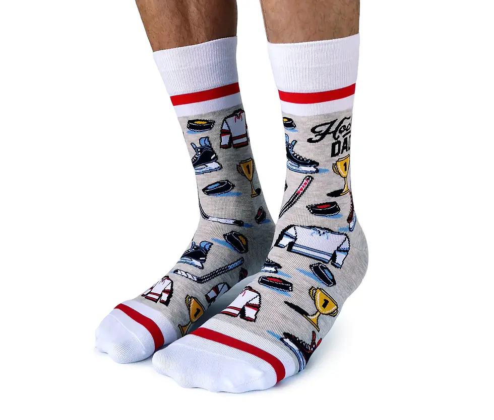 Front view of pair of gray & white socks with red stripes & print of all things hockey, text, "Hockey Dad"