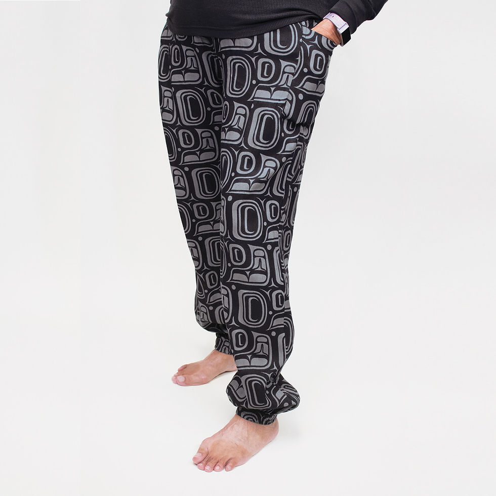 Formline design comfy pants by Haida artist Ernest Swanson at Quichua World Market.