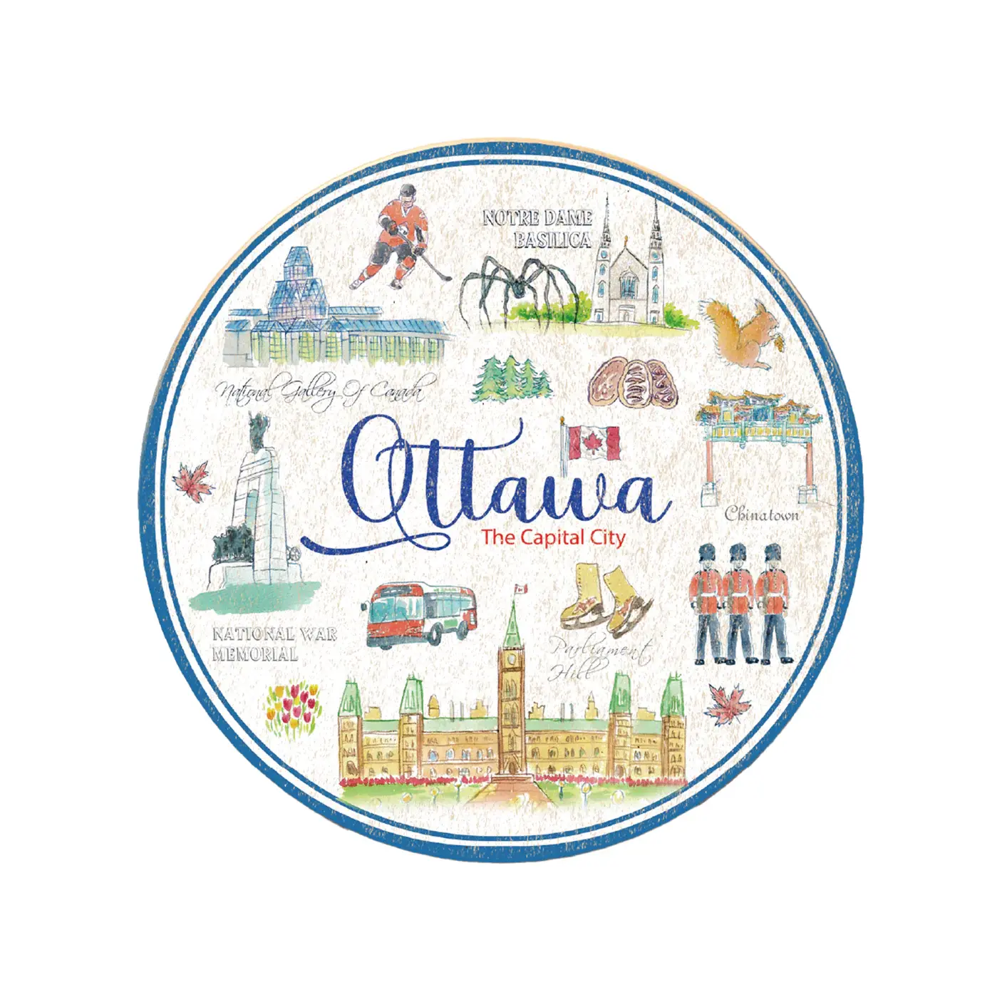 Round white coaster with landmarks of Ottawa, blue trim at Tickled Pink Ottawa
