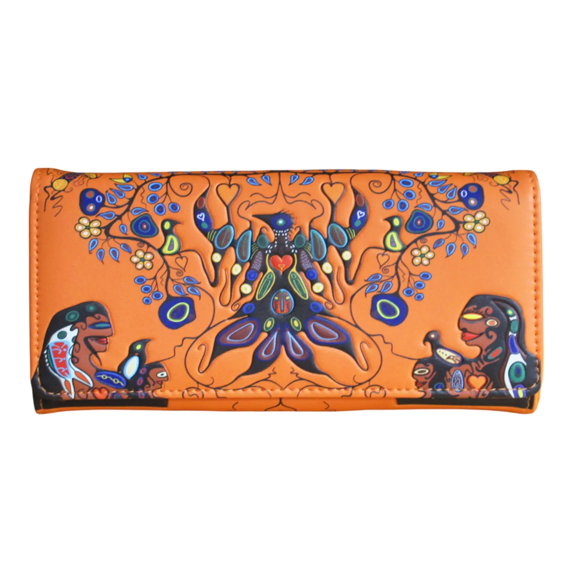 Front of orange rectangular zippered faux leather wallet featuring artist Cody Houle's painting 'A Family Reimagined'