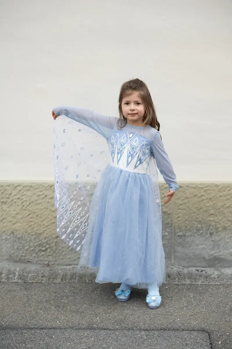 Little girl wearing long blue & white winter princess dress with snowflake pattern on bodie