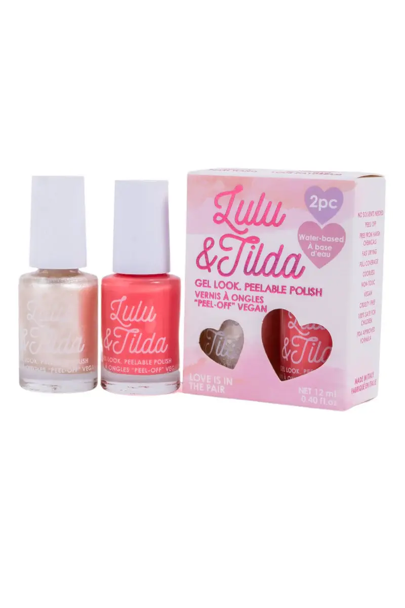 2 white capped bottles of Lulu & Tilda children's peelable nail polish, colors Boho Blue & Swift Forever