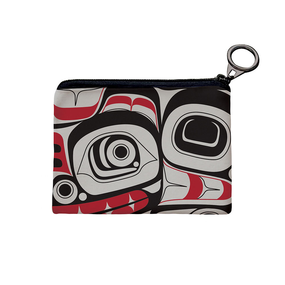 Small rectangular fabric coin purse printed with reproduction of artist Morgan Asoyuf's 'Matriarch Bear'