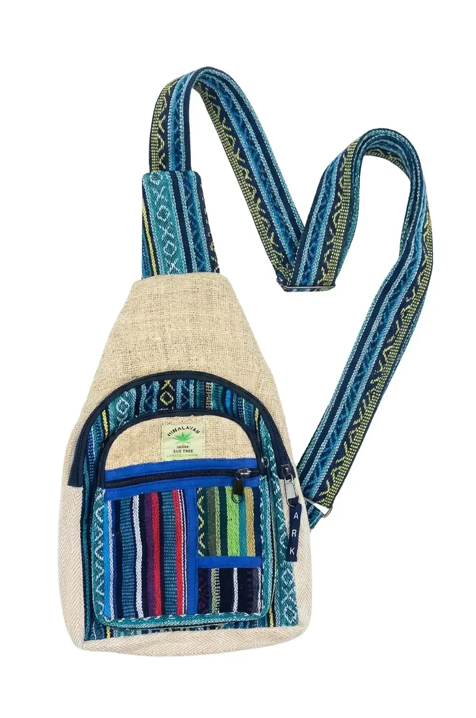 Natural hemp colour sling-style backpack with blue striped patch accents & strap