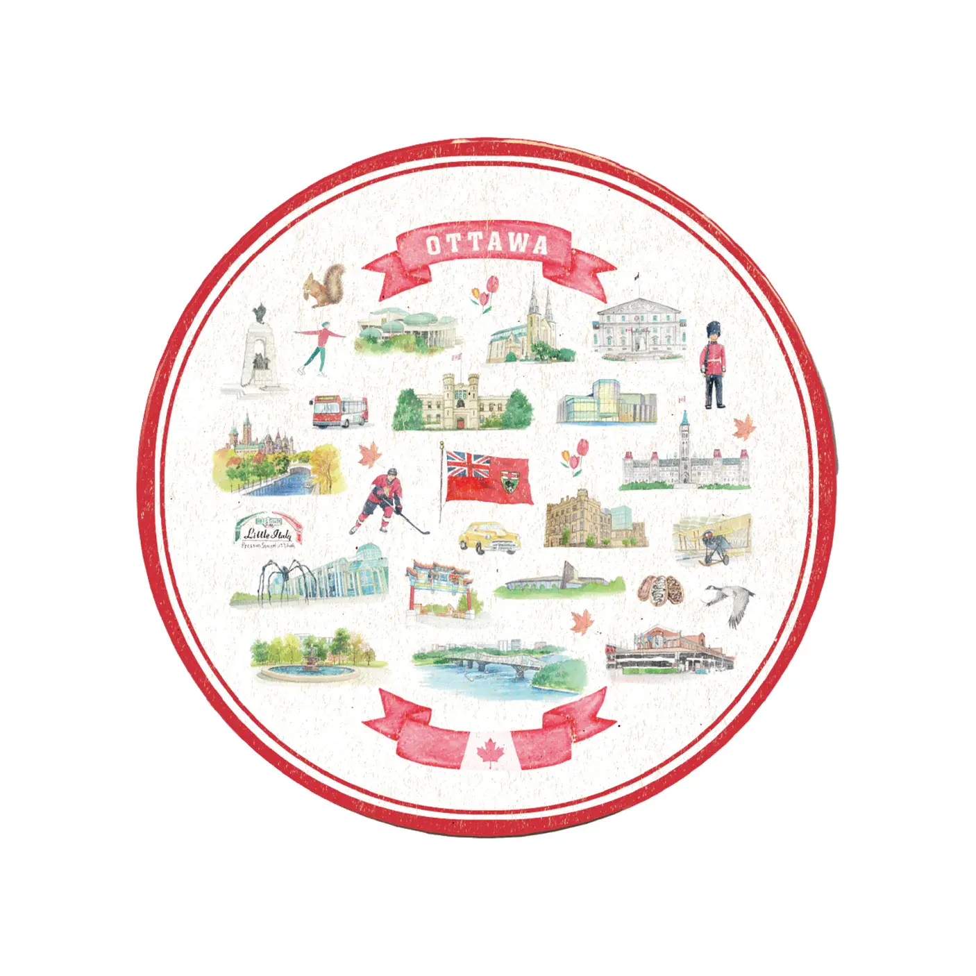 Round white coaster with red trim & red banner, text, 'Ottawa' with print of Ottawa landmarks at Tickled Pink Ottawa