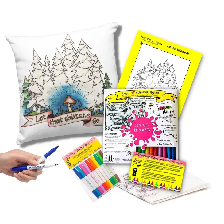 Pillow stamped with black & white Let that Shiitake Go design, pack of 10 markers, coloring tips & card