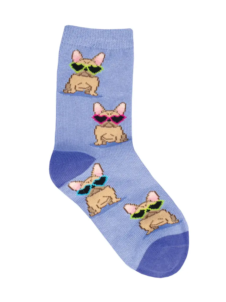 Pair of kid's socks: blue with brown French bulldogs wearing sunglasses