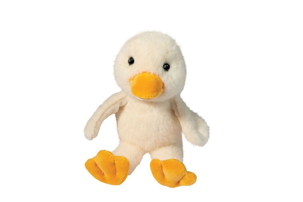 Front view of yellow & white stuffed toy duck in seated position