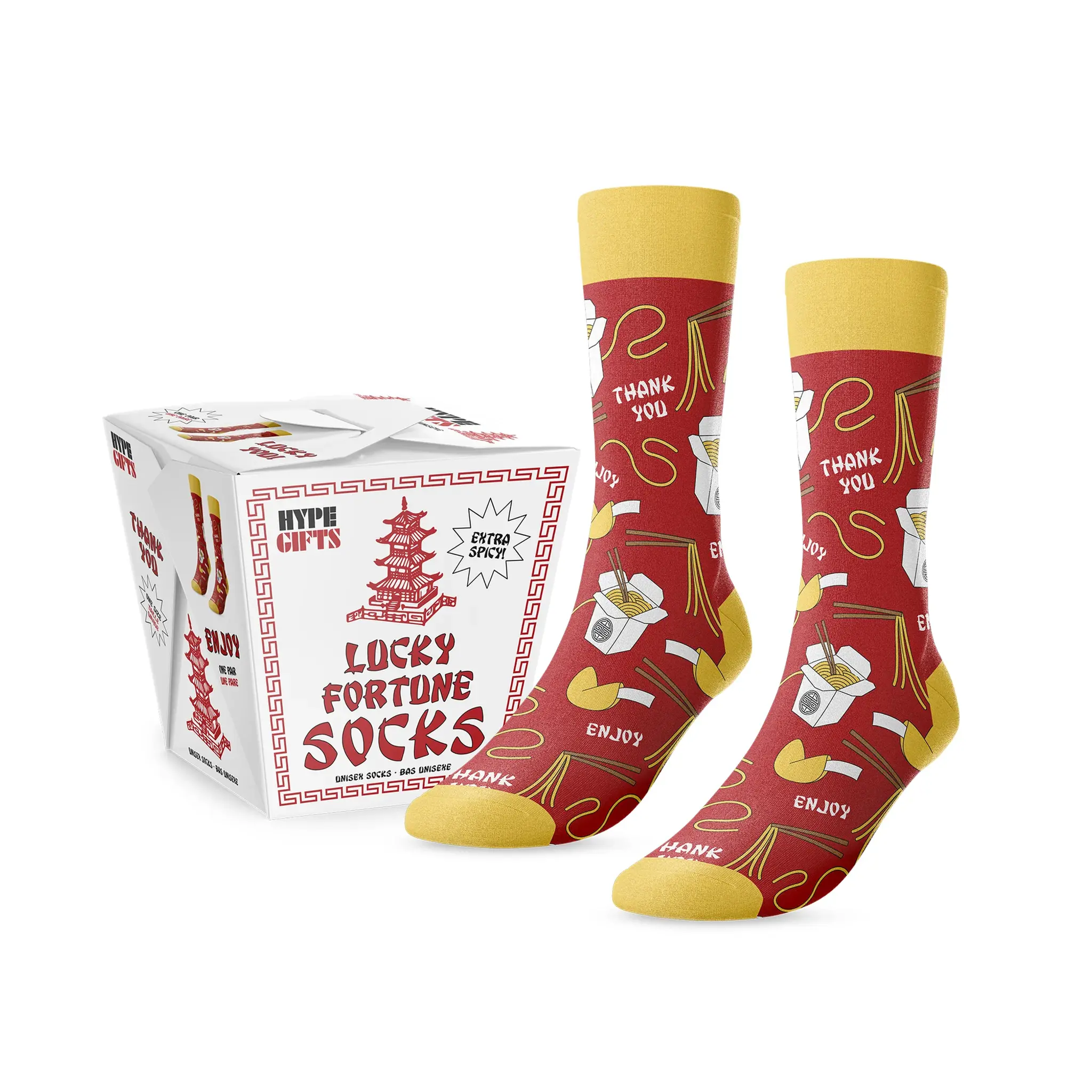 Pair of red & yellow socks with print of takeout cartons of noodles & fortune cookies, package looks like Chinese takeout