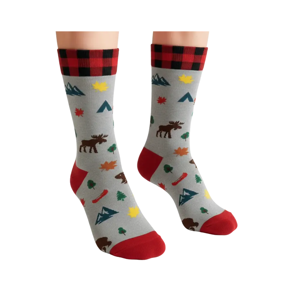 Right view of grey socks with red buffalo check & outdoor camping print at Tickled Pink Ottawa